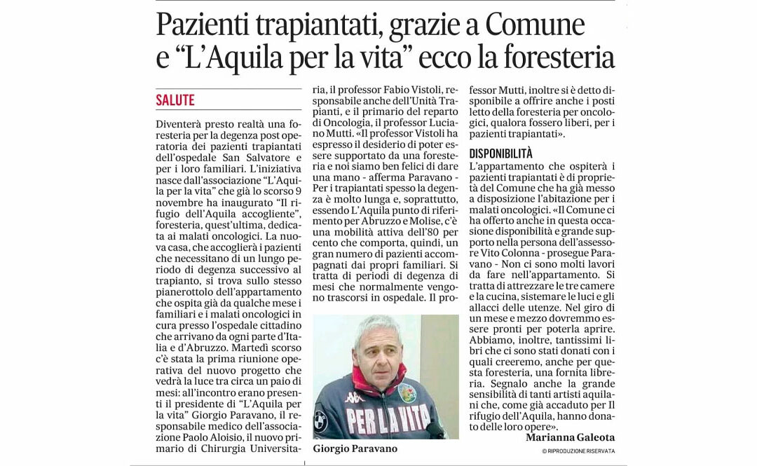 Pazienti trapiantati grazie a Comune e L’Aquila Per La Vita