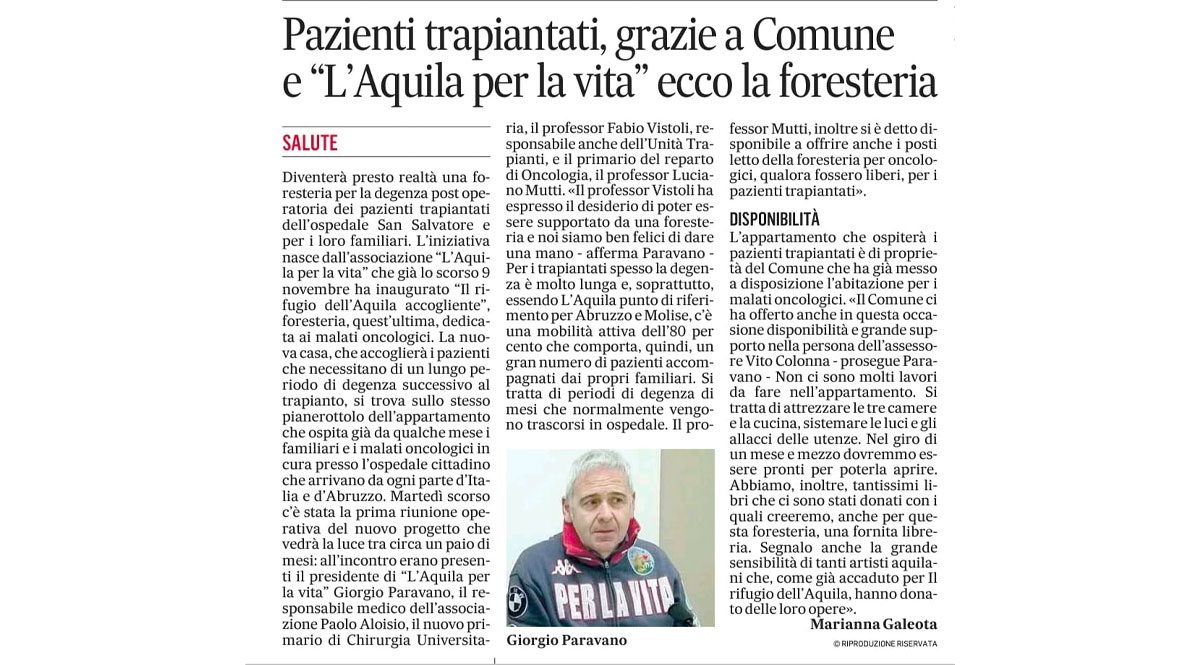 Pazienti trapiantati grazie a Comune e L’Aquila Per La Vita