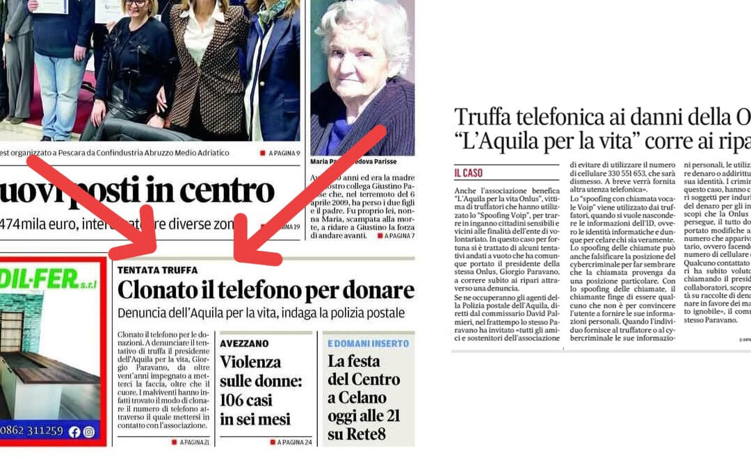 Clonato numero di cellulare L’Aquila Per La Vita per truffare i donatori
