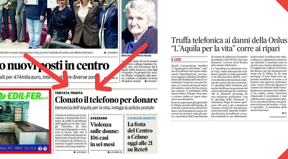 Clonato numero di cellulare L’Aquila Per La Vita per truffare i donatori