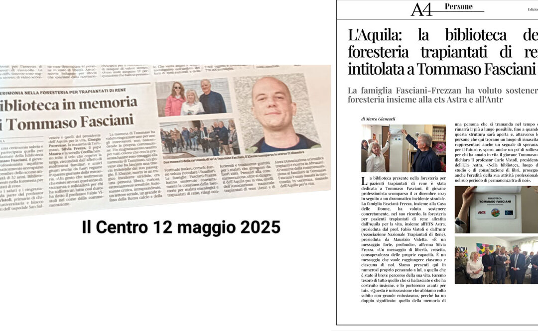 Biblioteca foresteria trapiantati di rene intitolata a Tommaso Fasciani