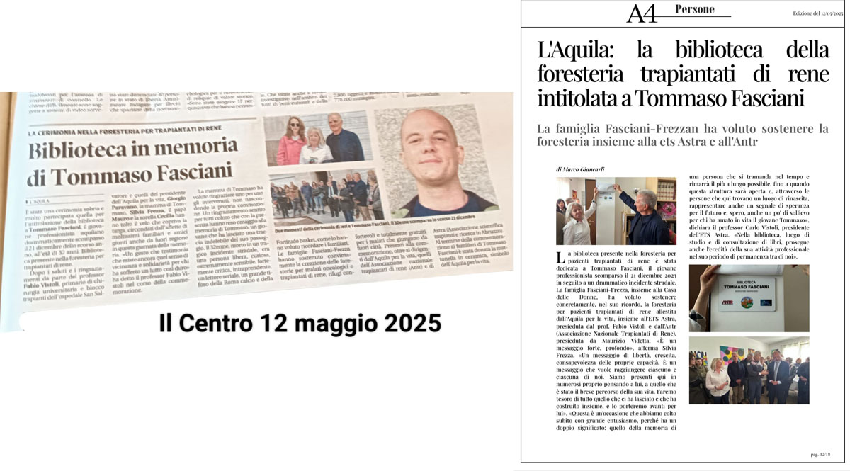 Biblioteca foresteria trapiantati di rene intitolata a Tommaso Fasciani